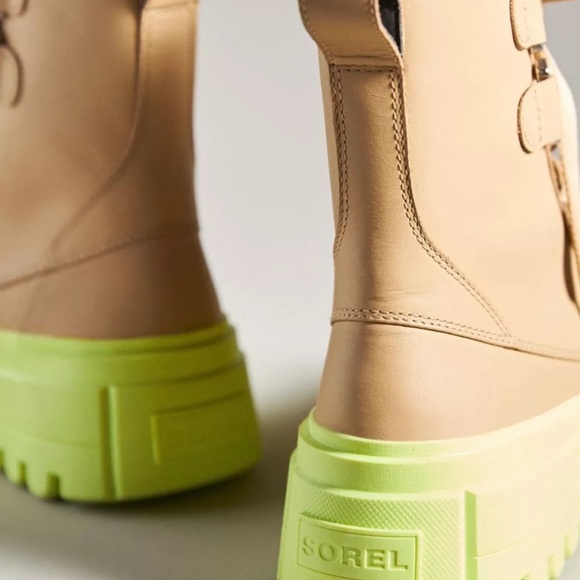 Anthropologie Sorel Caribou Boot Lace Up Beige Tan Leather Lime Rubber - Picture 11 of 11